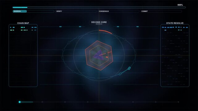 Cryptocurrency blockchain dashboard animation showing decode core consensus and verification progress