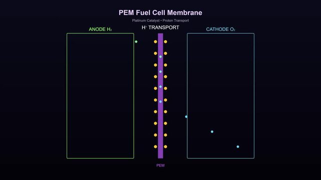 Pem fuel cell membrane animation: proton exchange and hydrogen ion transport process hydrogen energy