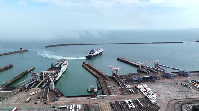 Ferry Entering Port of Dover Harbour Aerial 4K