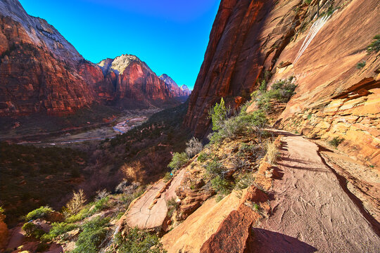 Angels Landing Switchback Trail with Dramatic Red Rock Cliffs in Zion National Park