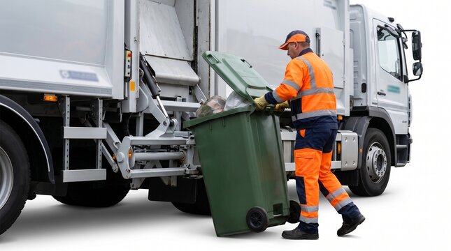 Sanitation Worker Loading Wheeled Trash Bin into Garbage Truck