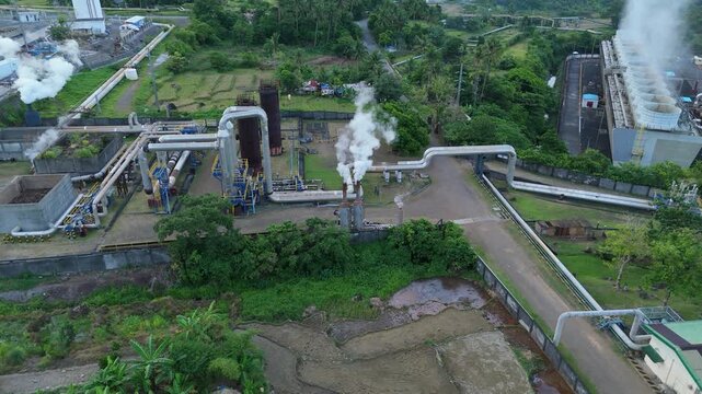 Close aerial view of Tiwi Geothermal Power Plant Steam Vent and Renewable Energy Infrastructure, Philippines. Ideal for clean energy and geothermal technology concepts
