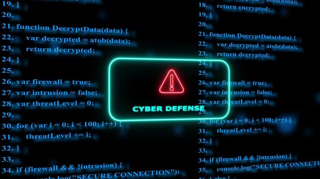 Cyber defense warning alert with scrolling programming code background, for network security, and data protection concepts