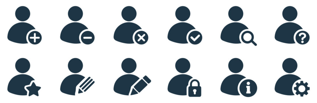 User Interface Icon Set: A collection of user interface icons representing various actions such as add, delete, cancel, confirm, search, help, favorite, edit, lock, information, and settings.