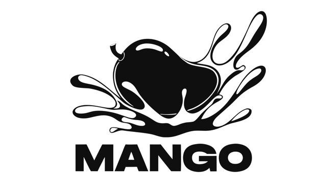 Very beautiful close-up black and white vector illustration of a MANGO with dramatic juice splash effect, smooth tropical fruit texture, realistic monochrome styling, isolated on white background, wit