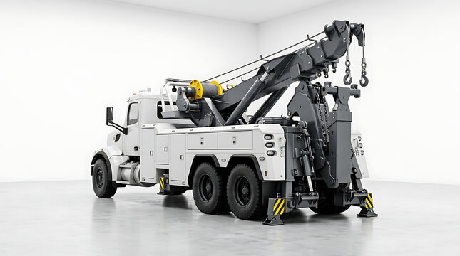 A heavy duty white tow truck parked inside a bright warehouse with a large crane boom mechanism.
