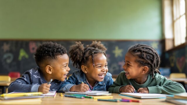 Three happy Black children laughing and drawing together with crayons at a classroom desk, creating a joyful back to school concept about friendship, creativity and learning