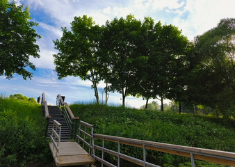 Fototapeta premium Wooden pier with stair over the river in the park on green trees, grass, blue cloudy sky background in sunny bright summer day