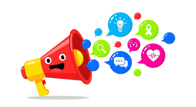 A red megaphone character with colorful speech bubbles and icons