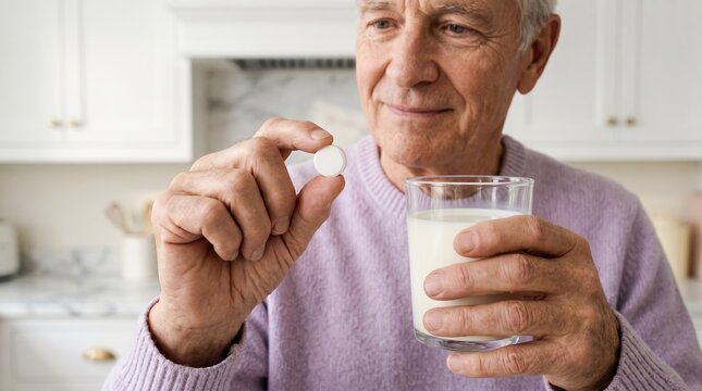 Senior man holding calcium supplement pill and glass of milk in kitchen. Older male taking vitamins for bone health. Healthy aging and nutrition concept