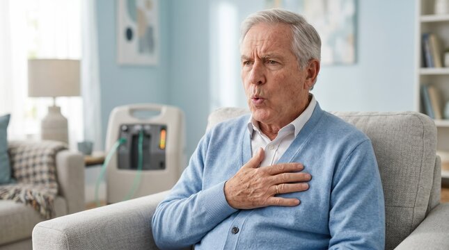 Senior man experiencing breathing difficulty and chest pain sitting on sofa at home. Elderly male patient with COPD or emphysema needing oxygen therapy