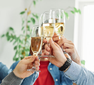 A portrait of young businesspeople or friends celebrating business success with a tost  in the office or young people having a party, teamwork and togetherness and having fun and friendship concept