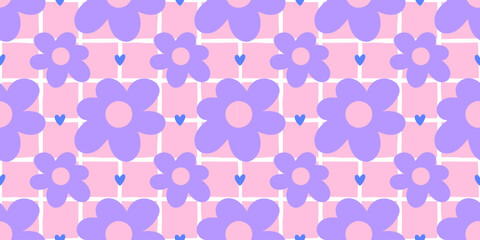 Fototapeta premium Style cute kid with seamless floral background and pattern daisy flower. Kawaii child design with check girly print and spring repeat bg. Vector purple ditsy with little summer simple.