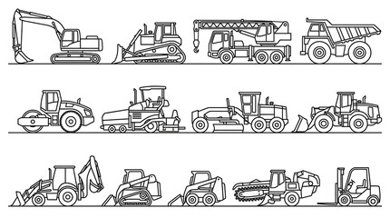 Obraz premium Black and white construction machinery silhouettes aligned in rows flat vector style 