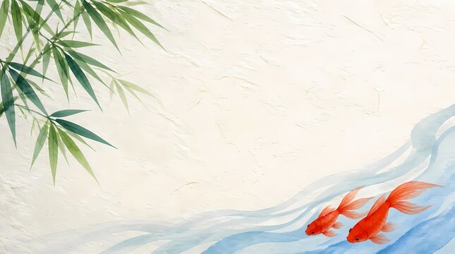 和紙の背景に金魚と笹の葉を水彩風に描いた夏の和モダン余白背景素材