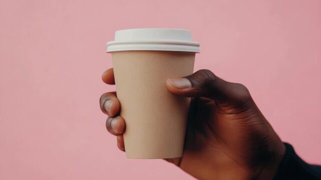 A person's hand holds a coffee cup with the lid in front of a pink backdrop.