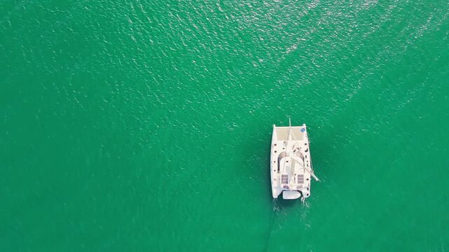 Aerial top down view of luxury sailing catamaran cruising on turquoise Baltic Sea	