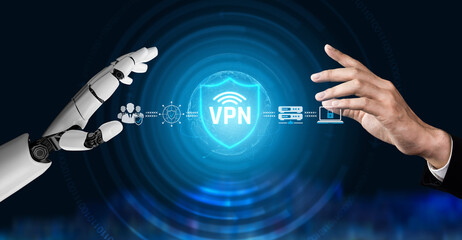Fototapeta premium Futuristic Binary Connection Between Robot Hand and Human Hand Illustrating VPN Technology and Cyber Security Concepts Sigmoid