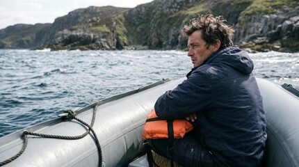 Fototapeta premium Motion Sick Tourist Resting on Small Inflatable Boat During Coastal Trip