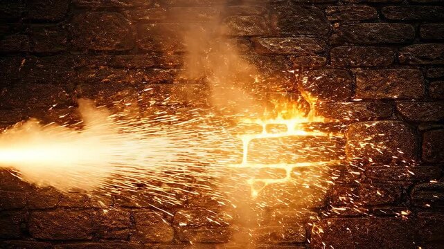 Fiery explosion and sparks against a dark stone wall background