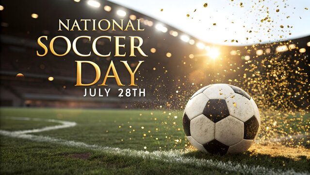 National soccer day july 28th cinematic poster featuring a traditional football on a professional stadium pitch with golden glittering particles
