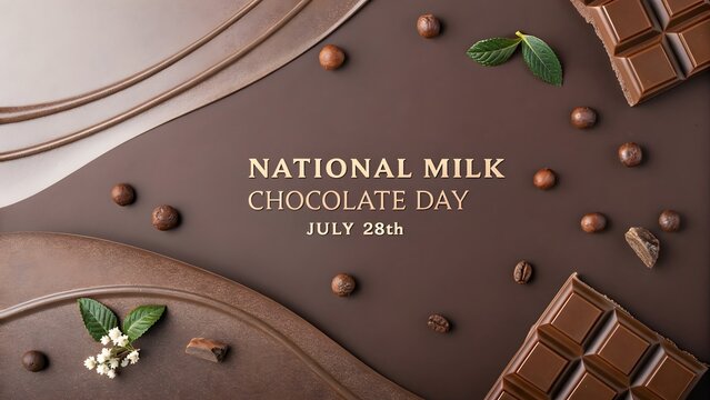 National milk chocolate day celebration poster featuring gourmet chocolate bars roasted coffee beans and fresh green leaves on a dark brown background