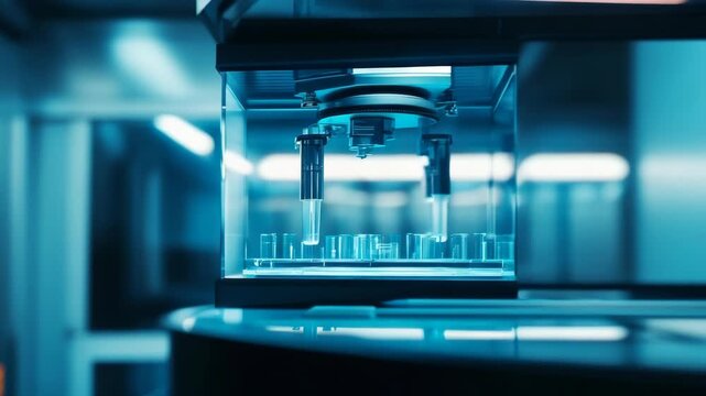 Advanced scientific device with glowing blue lights and clear panels.