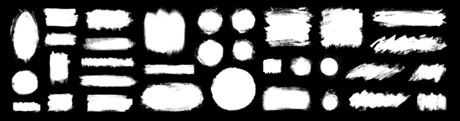 White brush paint strokes. Ink texture text box frames and label tags border lines. Vector Japanese calligraphy acrylic brushstrokes. Grunge smear smudges. Round and oval badge shape splatter ellipses © babayuka