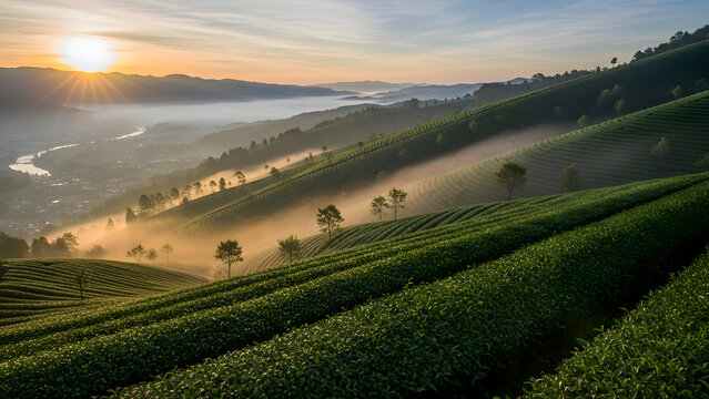Serene tea plantation landscape at sunrise with rolling hills lush greenery and misty atmosphere