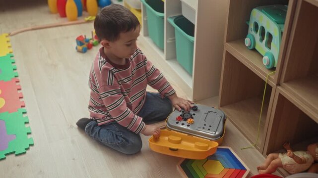 Boy seated on floor playing with a yellow toy bus and plastic tools, hands opening a toolcase beside rainbow puzzle and doll in a playroom building; curiosity.