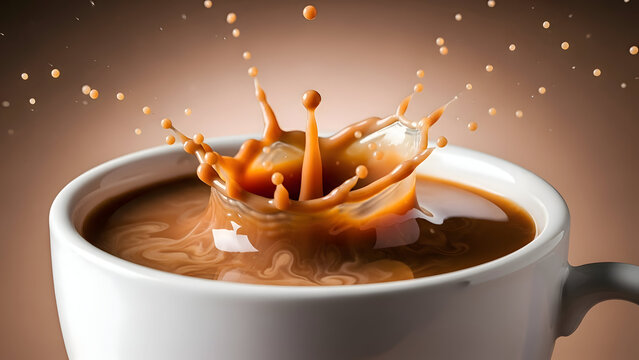 Rich brown coffee splash in white ceramic mug with droplets flying high