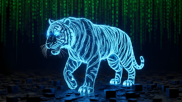 Glowing blue tiger neon outline walking on digital ground with green code background