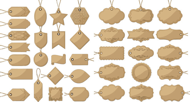 Vector illustration of assorted brown paper tags with strings in various shapes representing vintage craft and packaging concept