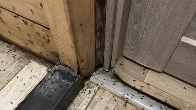 Neglected wooden interior with black ants crawling across walls and floorboards showing severe insect infestation and abandoned living conditions.