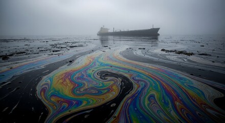 Fototapeta premium Colorful oil slicks swirl on dark water near a foggy tanker, symbolizing environmental disaster and pollution.