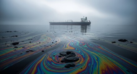 Naklejka premium Rainbow oil slicks swirl on dark water near a foggy tanker, symbolizing environmental pollution and disaster