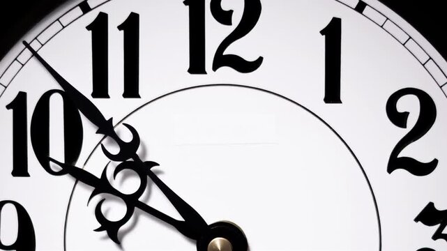 A close-up view captures the black ornate hands of a white analog clock spinning rapidly in a time-lapse towards twelve. Concept of passing time, deadline urgency, and schedule management.