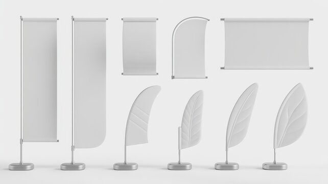 Blank promotional banner mockups set featuring various vertical and horizontal fabric flag shapes isolated on a plain white background