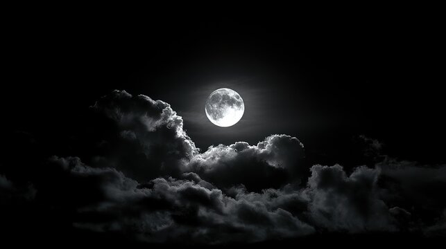 Moon and clouds, night view. Beautiful moonlight night glow.