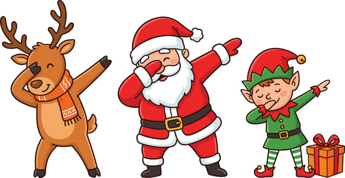 Vector illustration of Santa Claus reindeer and elf performing dab pose representing fun and modern Christmas celebration concept