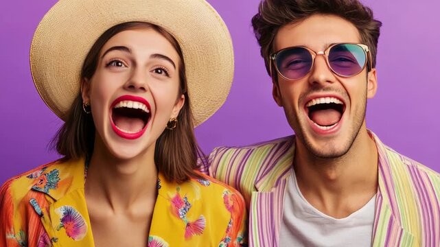 The depicts a joyful moment between two young individuals sharing a laugh together. Their vibrant outfits and cheerful expressions exude happiness and positivity.