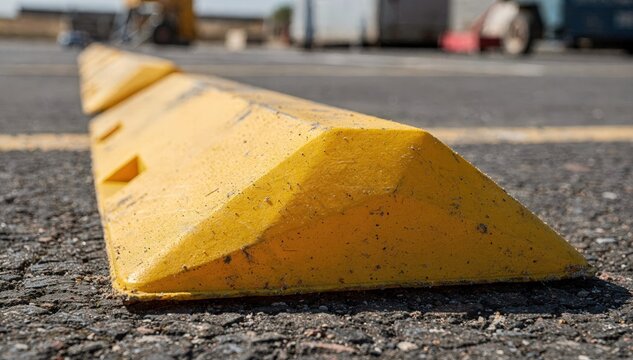 Closeup of a yellow rubber wheel stop being aligned on asphalt emphasizing the bright color with blurred pavement and equipment out of focus.