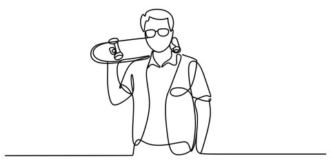 Continuous single line drawing of a young man holding a skateboard on his shoulder standing and looking at the camera in a modern minimalist style design Vector, illustration © Rimi Kailash Arts