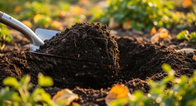 Gardener scooping rich dark soil into a pit with a metal shovel during golden hour light