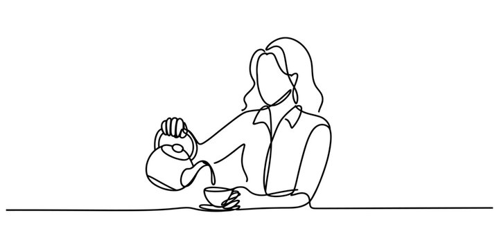 Continuous single line drawing of a young woman pouring hot tea from a kettle into a small cup while sitting at a table for a relaxing morning routine Vector, illustration