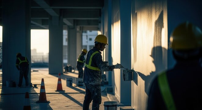 Construction Workers Painting Exterior Walls During Sunrise Ambiance