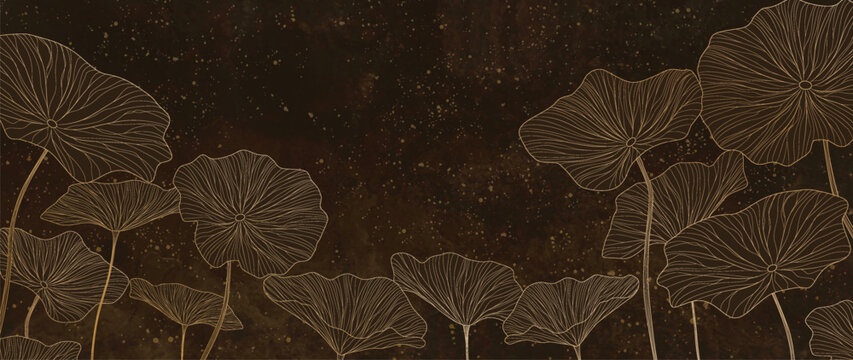 Luxury botanical art background with lotus leaves in a gold line style. Asian botanical pattern is perfect for packaging, decor, prints, textiles, banners, and interiors.