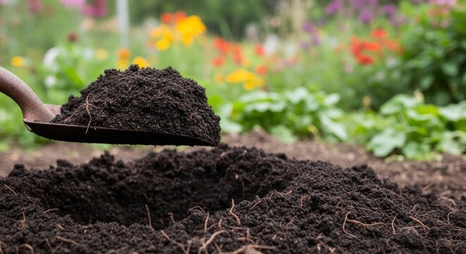 Gardener scooping rich organic soil from compost pit with shovel, vibrant flowers in background