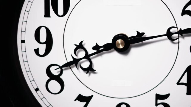 Close-up time lapse shows ornate black hands racing across a white analog clock face with Arabic numerals. The swift movement marks rapid time passage and urgency.