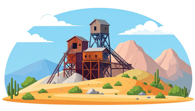 Abandoned mine headframe in desert.